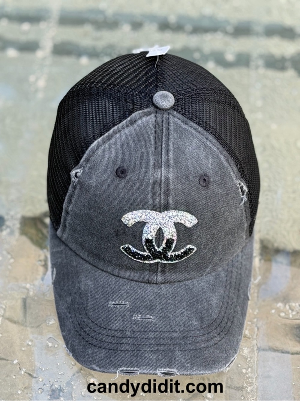 NWT Handmade Designer Look Ball Cap With Silver & Black Ombré Crystal Logo - Picture 4 of 11